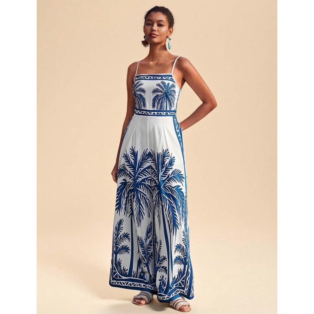 Blue White Palm Tree Print Wide Leg Jumpsuit Tropical Summer Sleeveless Large